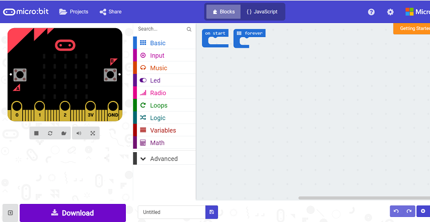 a screenshot of a block program for the micro:bit on the makecode platform