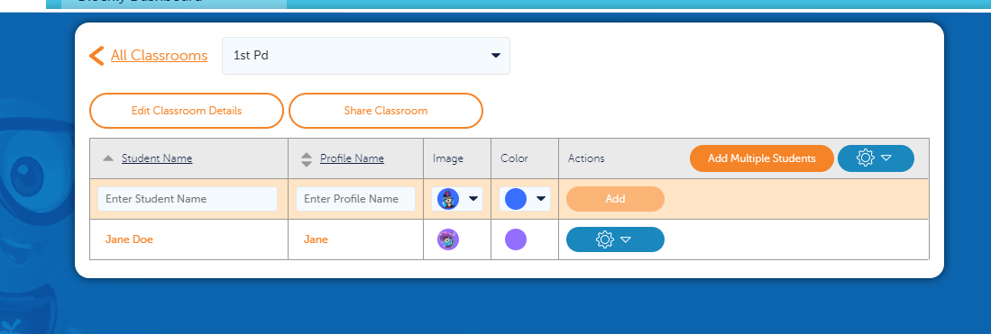 Class connect interface with student name and educator actions