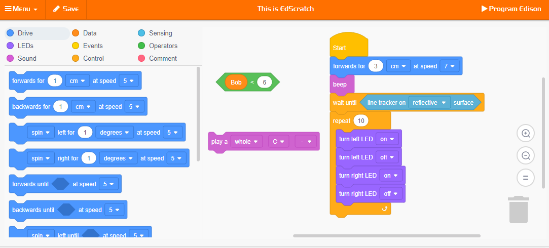 the EdBlocks coding language for the Edison Robot