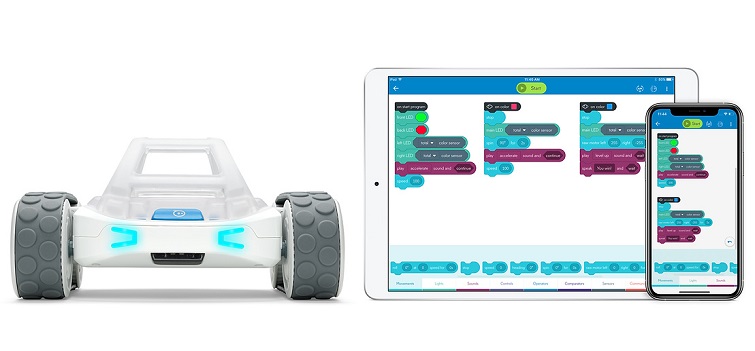 the sphero rvr robot and a tablet displaying a blockly program