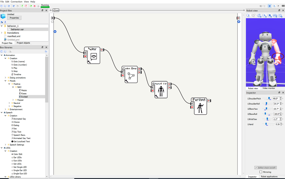 choregraphe interface with programming options for the virtual nao robot