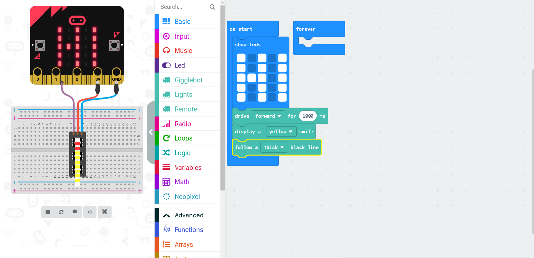 an example of a block program for the gigglebot and micro:bit