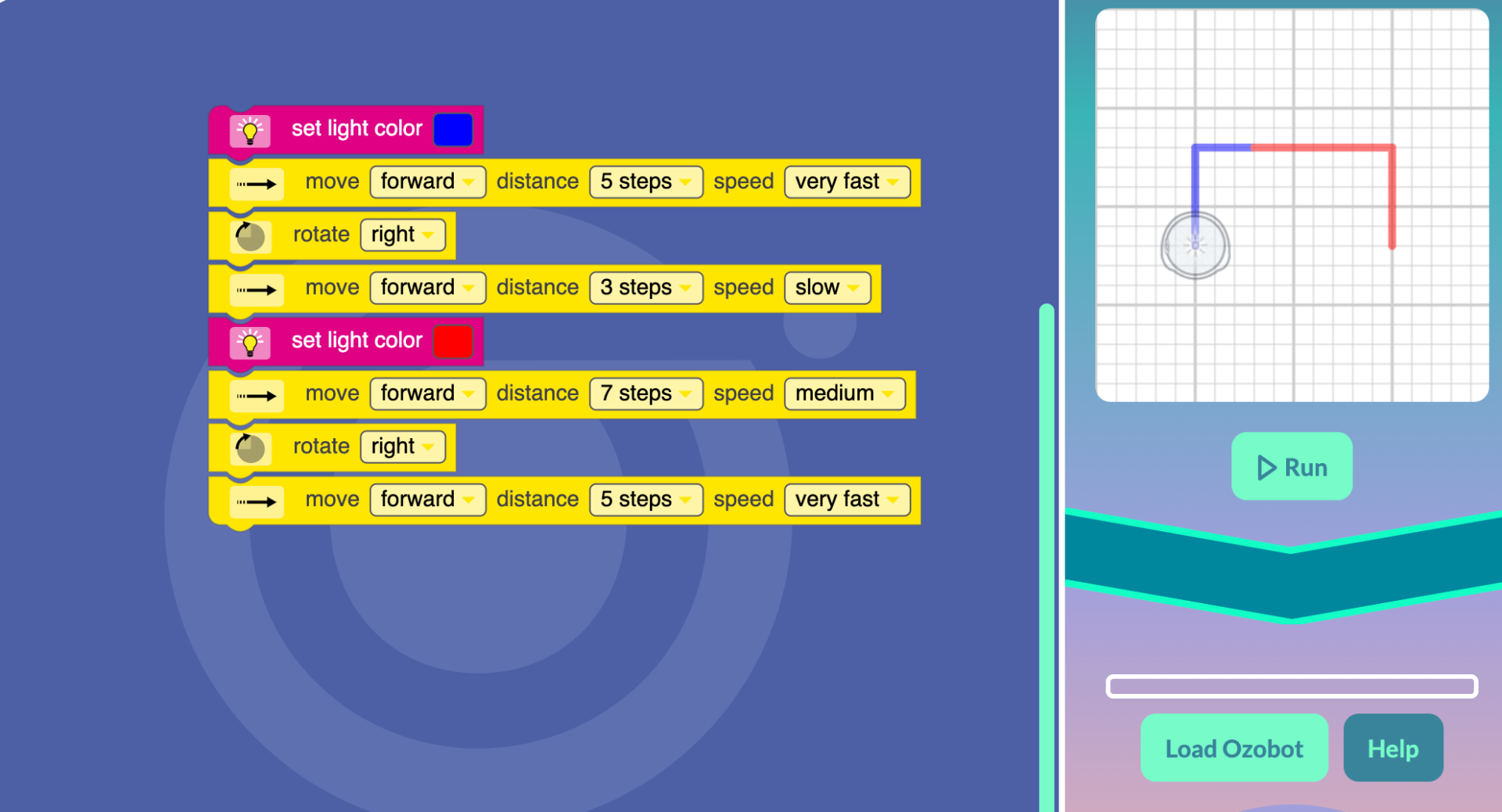 blockly program for ozobot robot created within shape tracer platform