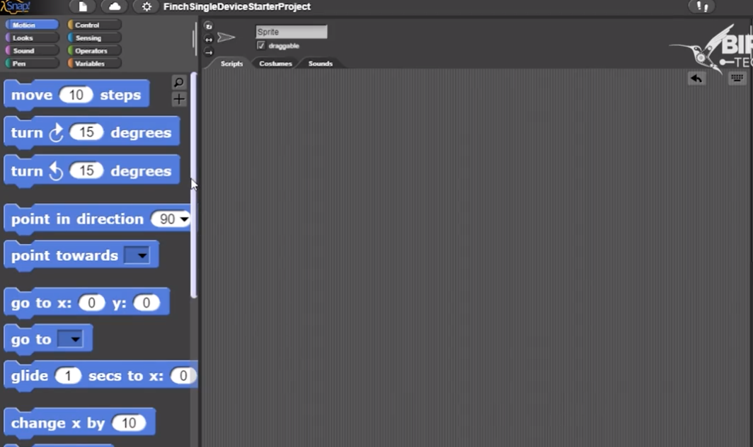 the Snap! coding language for birdbrain and the finch robot 2.0