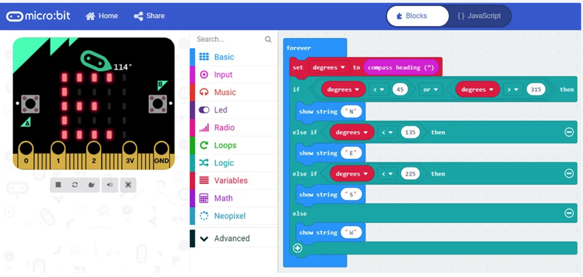 the microsoft makecode interface for programming the micro:bit