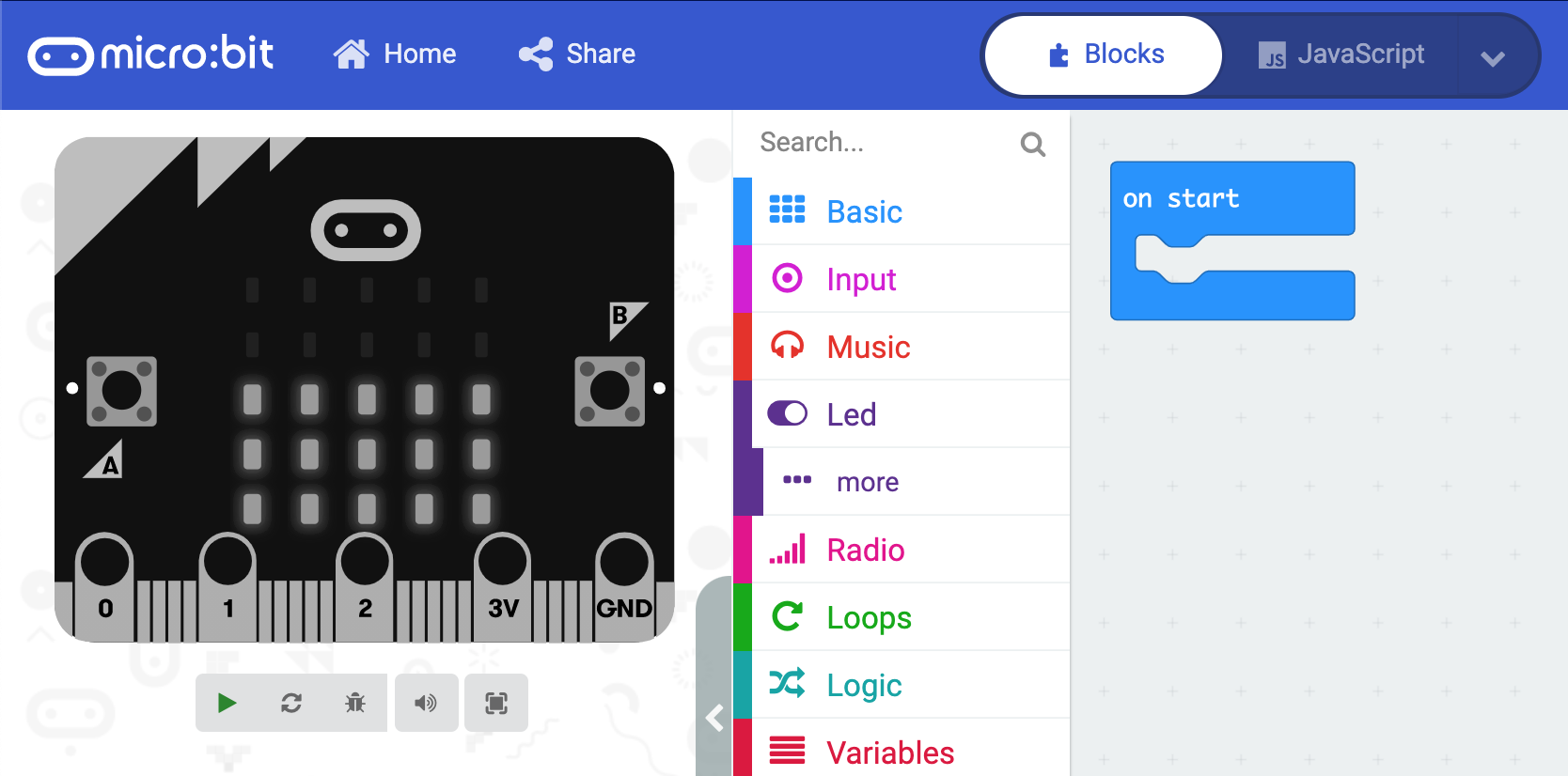 The user interface of the Microsoft MakeCode Micro:bit editor