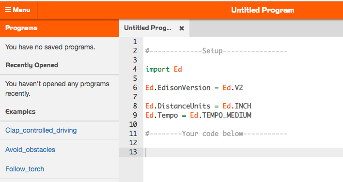 python text program with edison robot on edpy