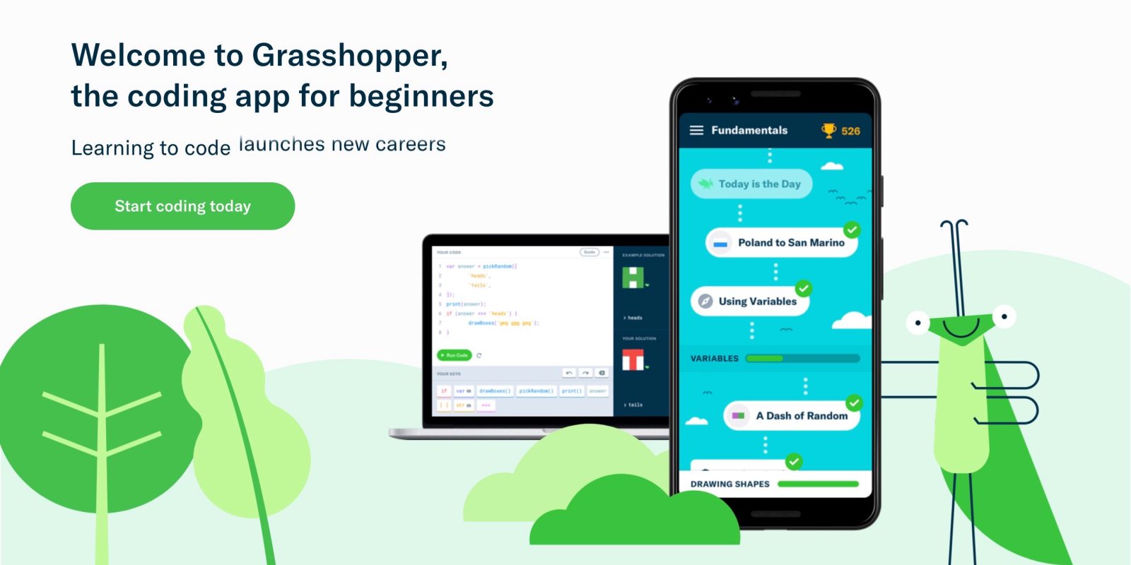 grasshopper coding app displayed on phone and computer screen