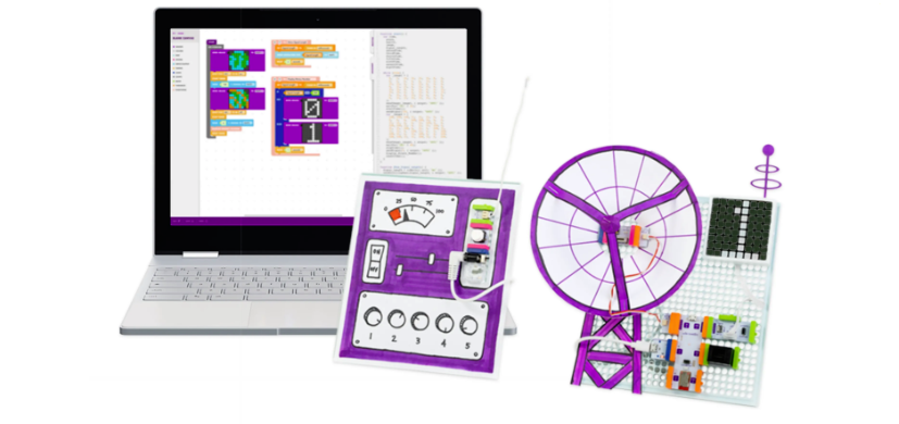 a littlebits circuit project with code on a computer for programming it