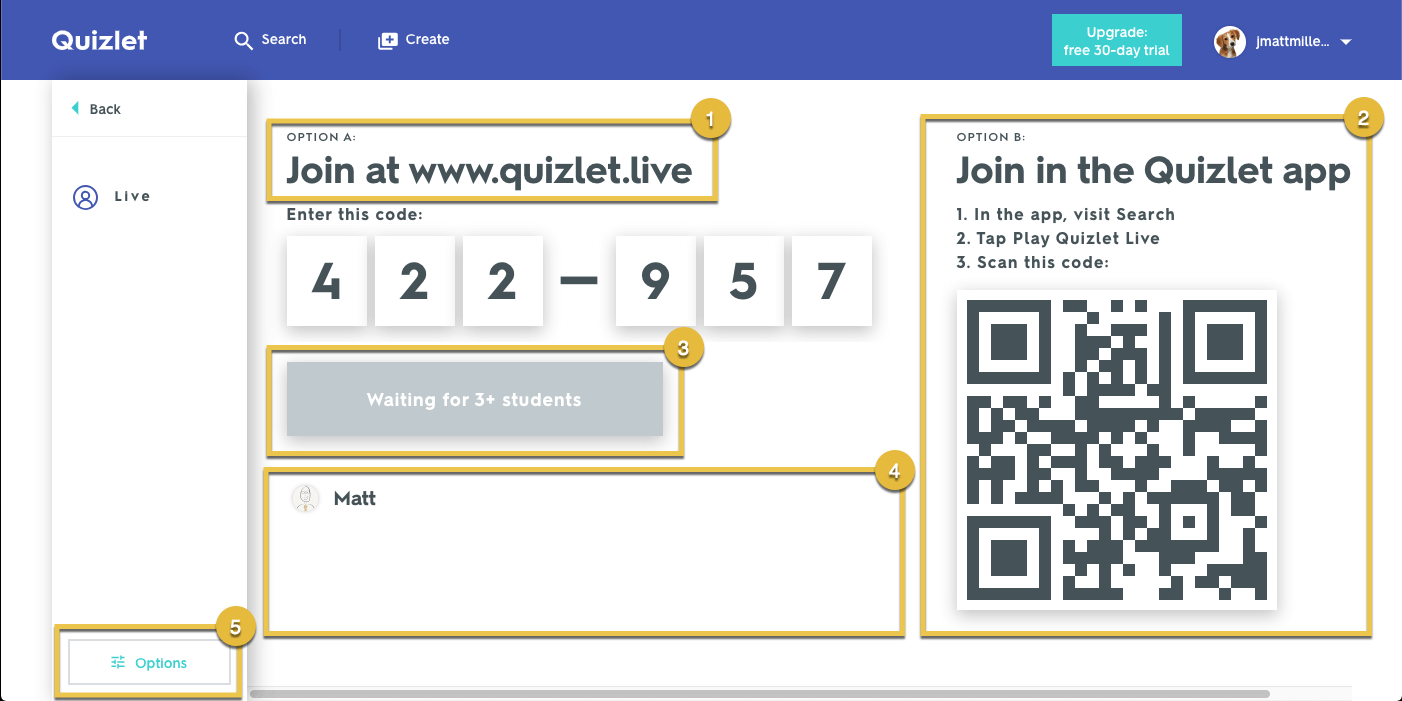an example of a quizlet live class code for teachers
