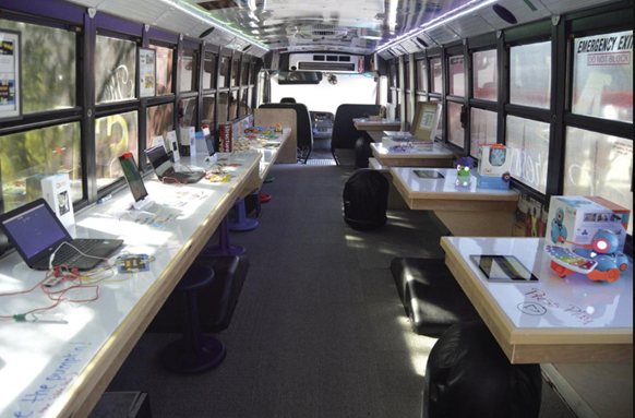 the inside of a school bus repurposed into a school steam lab