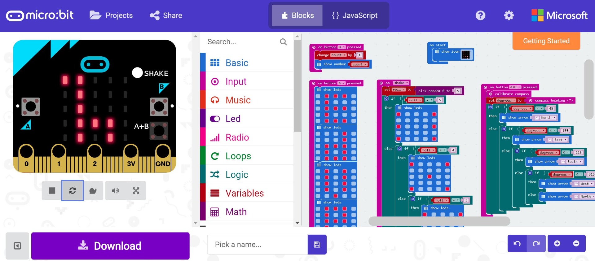 a micro:bit V1 program in the Microsoft MakeCode environment