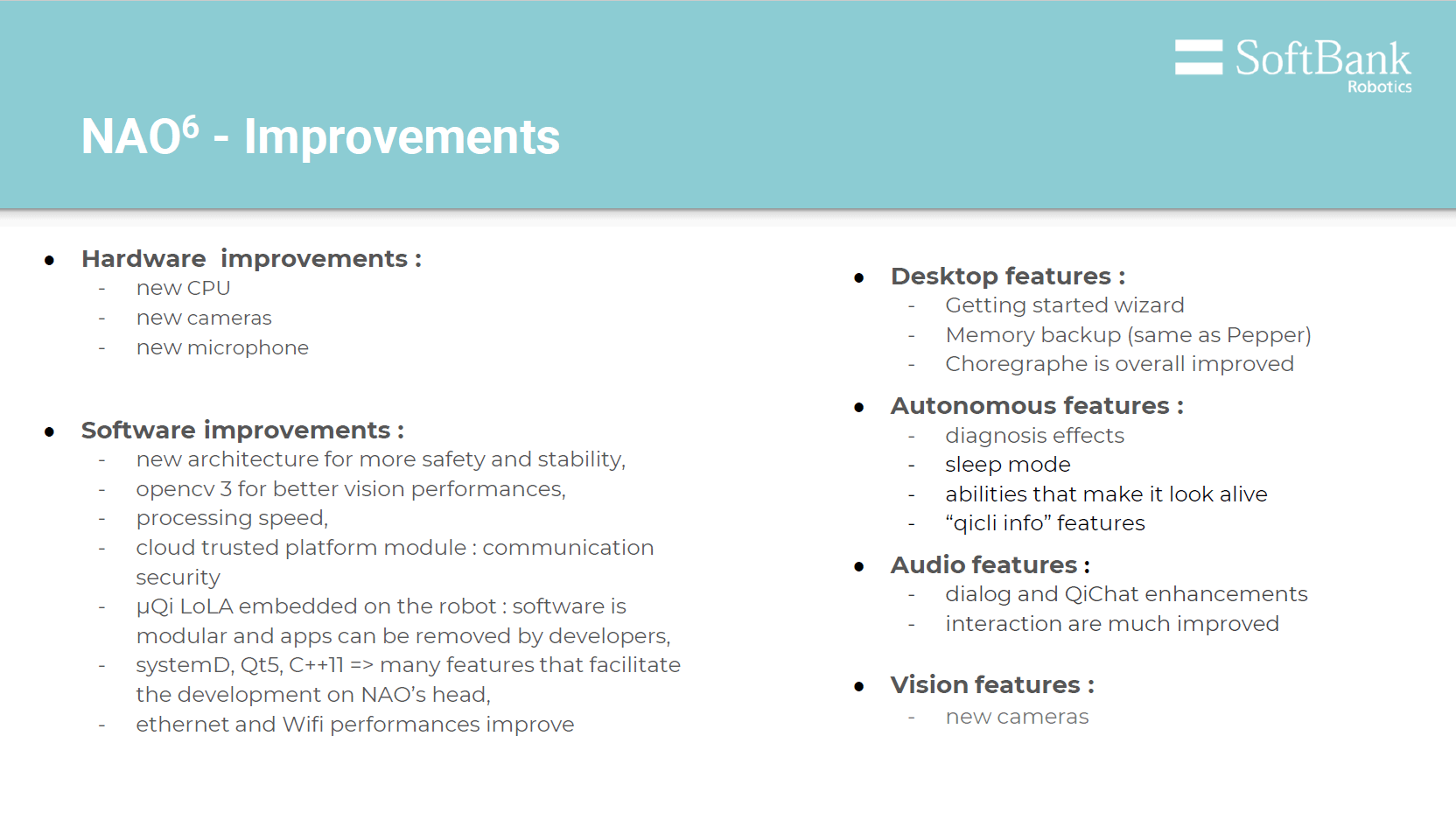 a list of the NAO robot features
