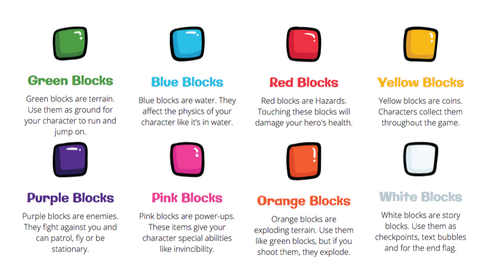 the different types of Bloxels blocks and what each color means