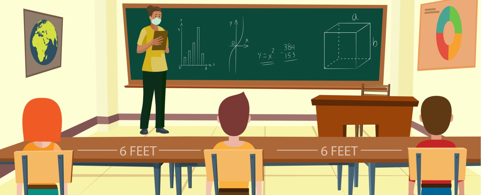 a graphic of a teacher giving a lesson with a mask on while students sit six feet apart at a table