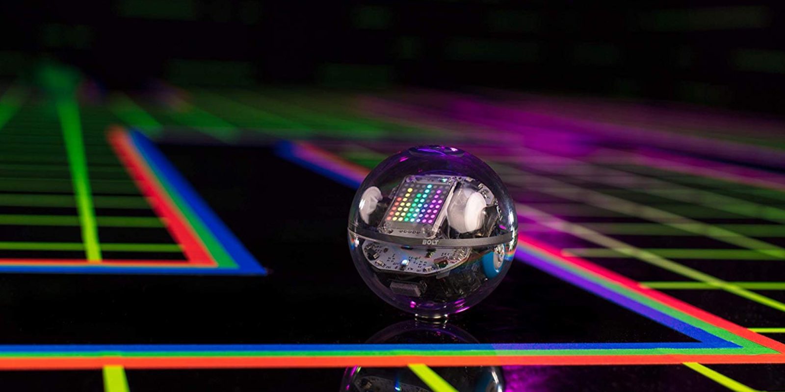 the Sphero BOLT robot with colors displayed on its built-in LED matrix