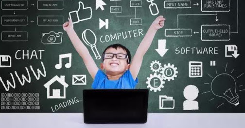 a student raising his arms in the air with artificial intelligence themes behind him