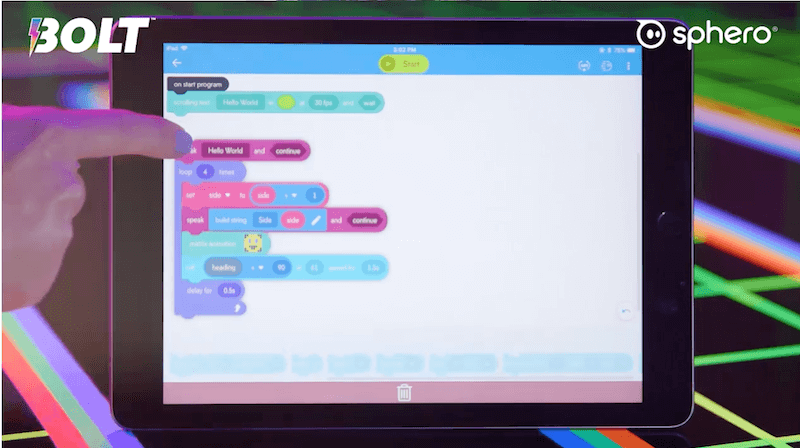 a program for the sphero bolt robot built on the sphero edu app and displayed on a tablet screen