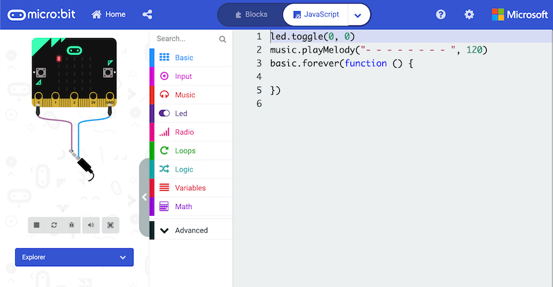 micro:bit program on makecode created with javascript text coding