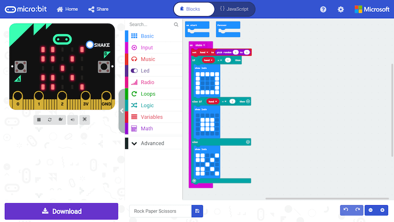 a makecode program for lighting up the micro:bit's LED lights