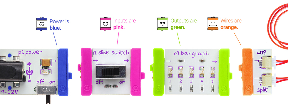 littlebits modules separated by color