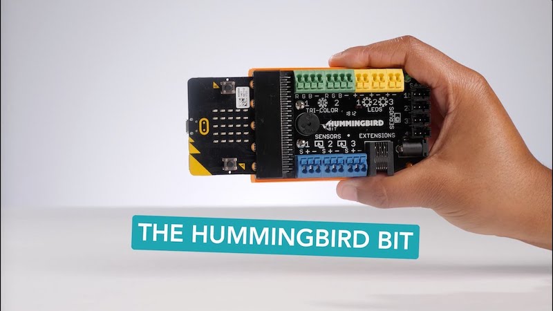 the hummingbird bit robot with a micro:bit attached