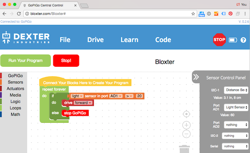 the bloxter coding interface for the gopigo robot