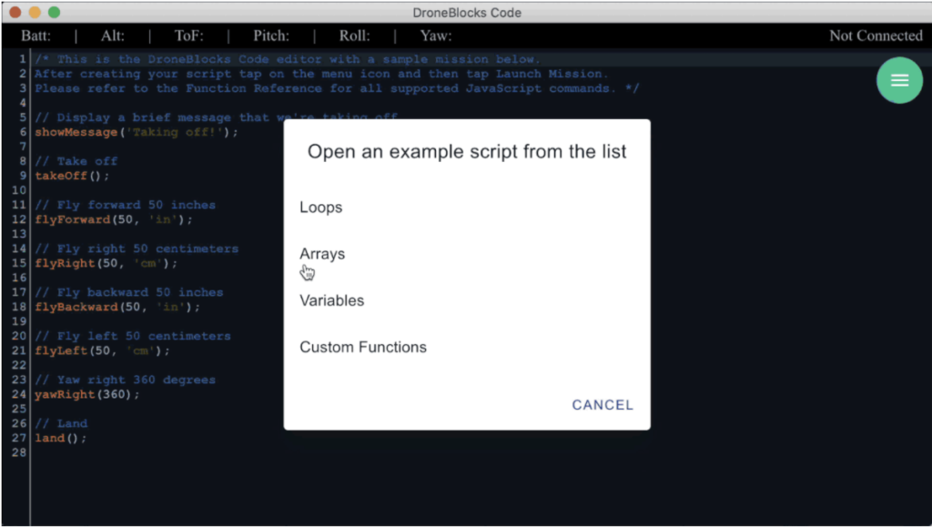 the DroneBlocks Code app for programming the tello edu drone with javascript