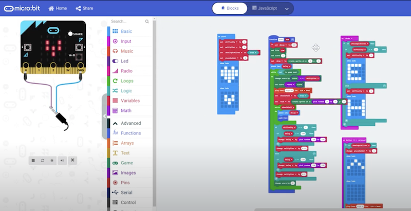 a micro:bit program on the MakeCode simulator for use in a college technology class