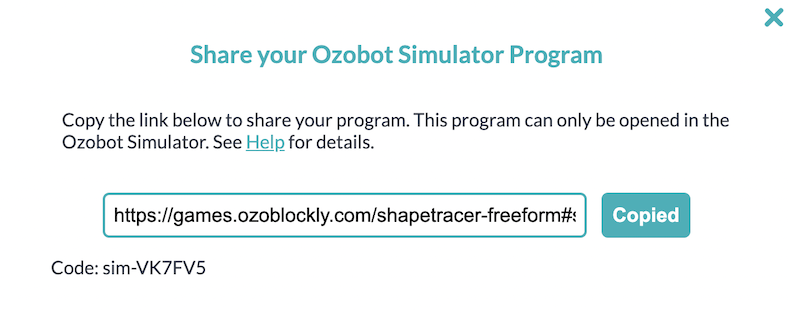 a URL that's been generated to a program in the virtual Ozobot simulator environment