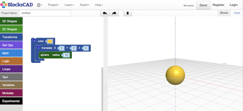 the BlocksCAD 3D design environment with a block program and a virtual sphere