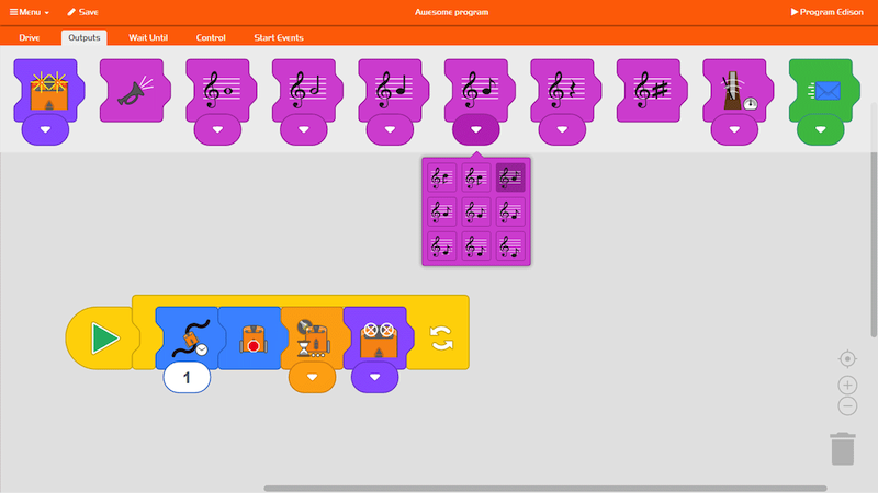 a program built for the coding with the edison robot in the EdBlocks blockly language