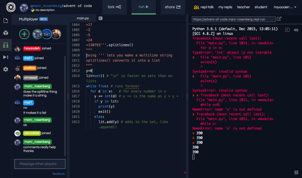 the RepLit coding interface with a text coding language in multiplayer mode