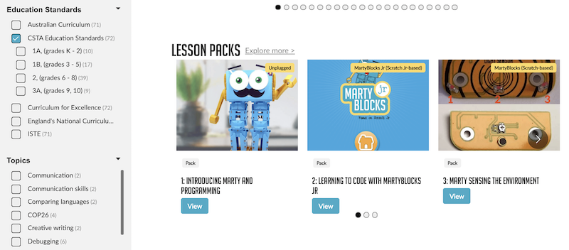 the robotical learning portal with activities and lessons for the marty robot v2