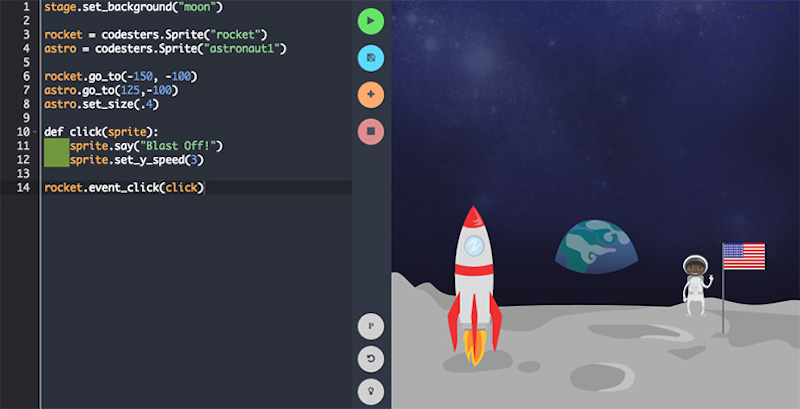the codesters text coding interface with a rocket ship and astronaut