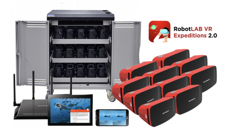 the robotlab vr expeditions 2.0 kit with VR viewers, a storage cart, router, and tablets