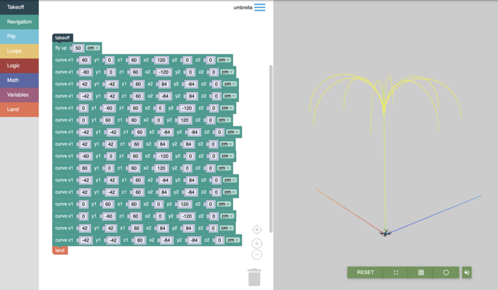 the droneblocks coding interface for the virtual tello edu drone