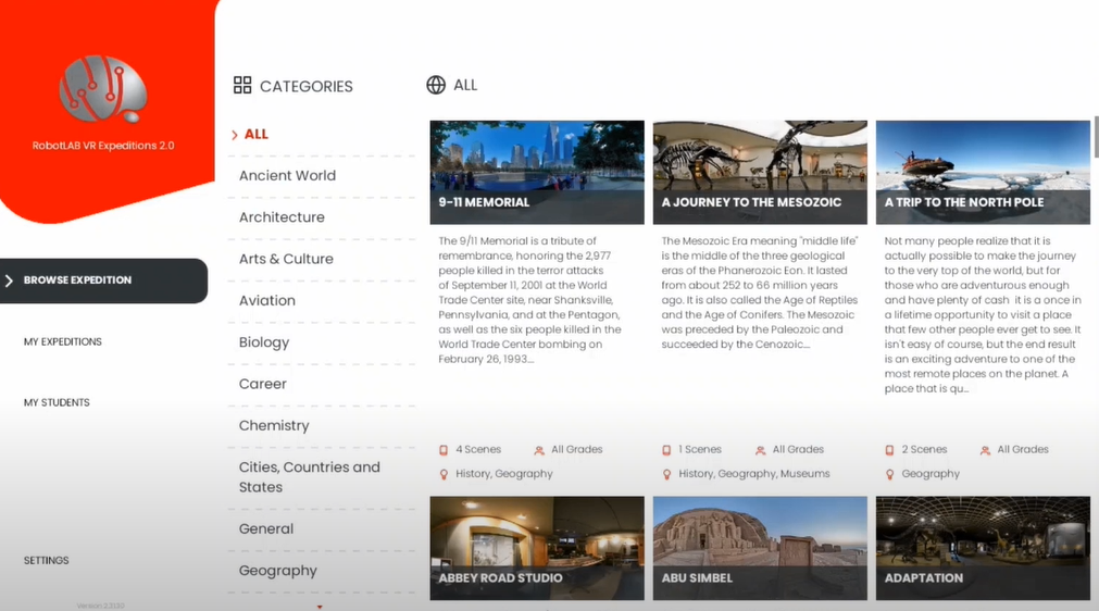 the robotlab expeditions 2.0 VR lesson library