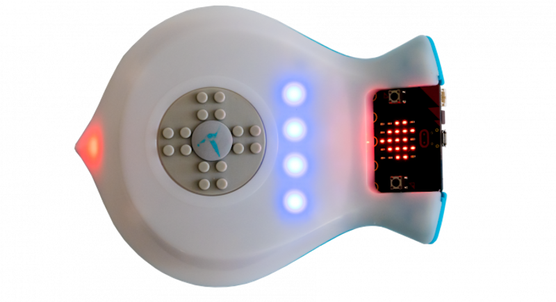 the finch 2.0 robotics solution with a micro:bit and LED lights illuminated 