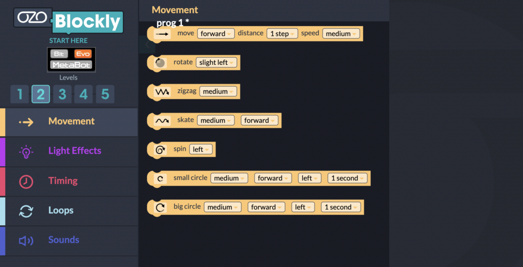 the movement blocks for programming the ozobot evo using ozoblockly