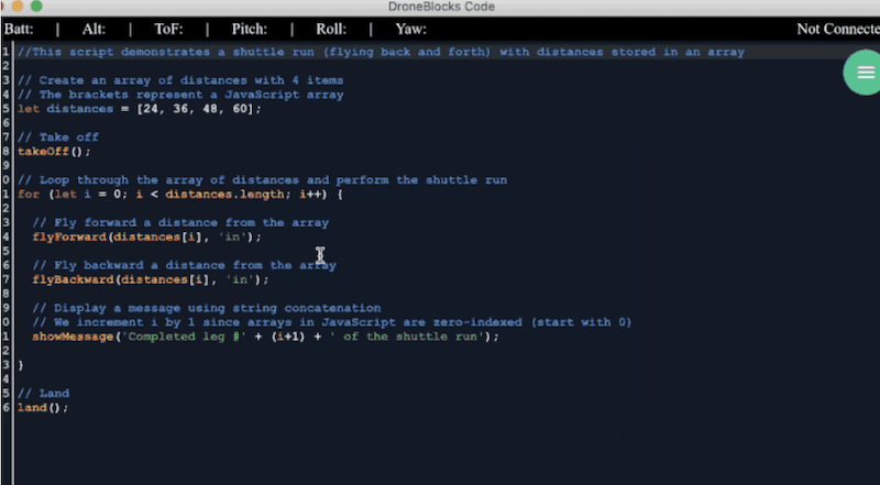 the droneblocks code interface for javascript programming