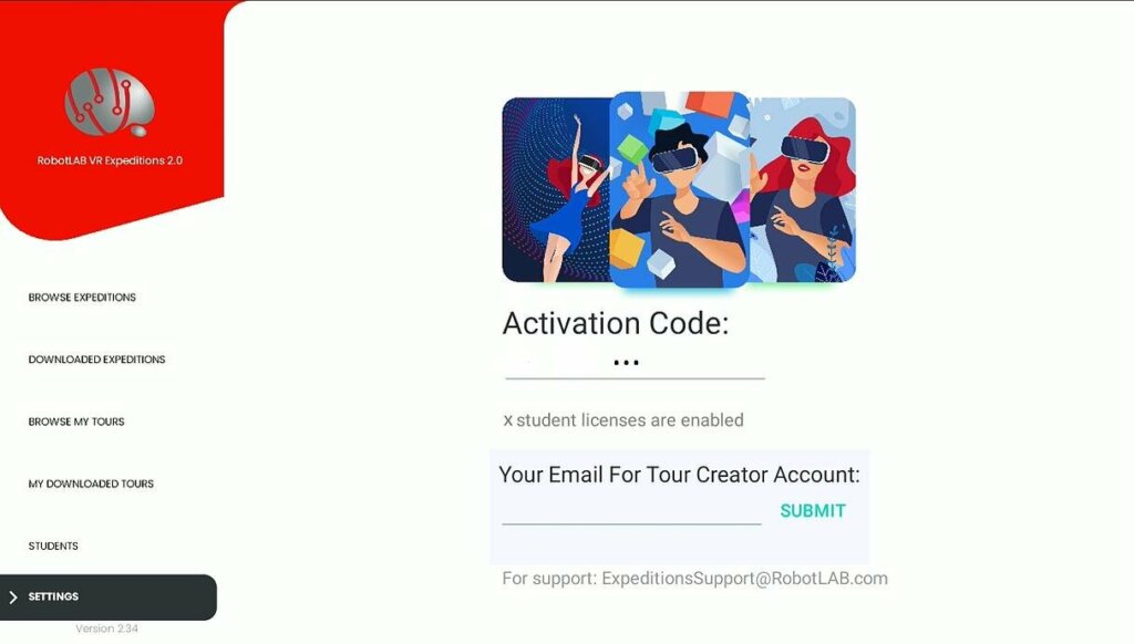the robotlab vr activation code fro tour creator 2.0