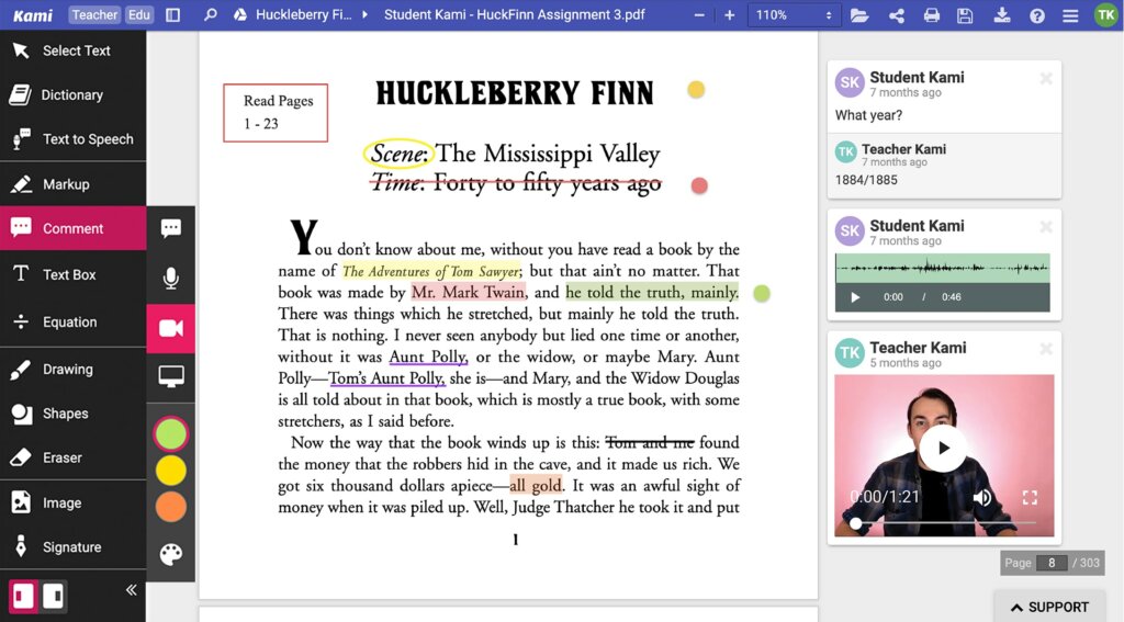 student view of the reading and annotation tools in the kami classroom app