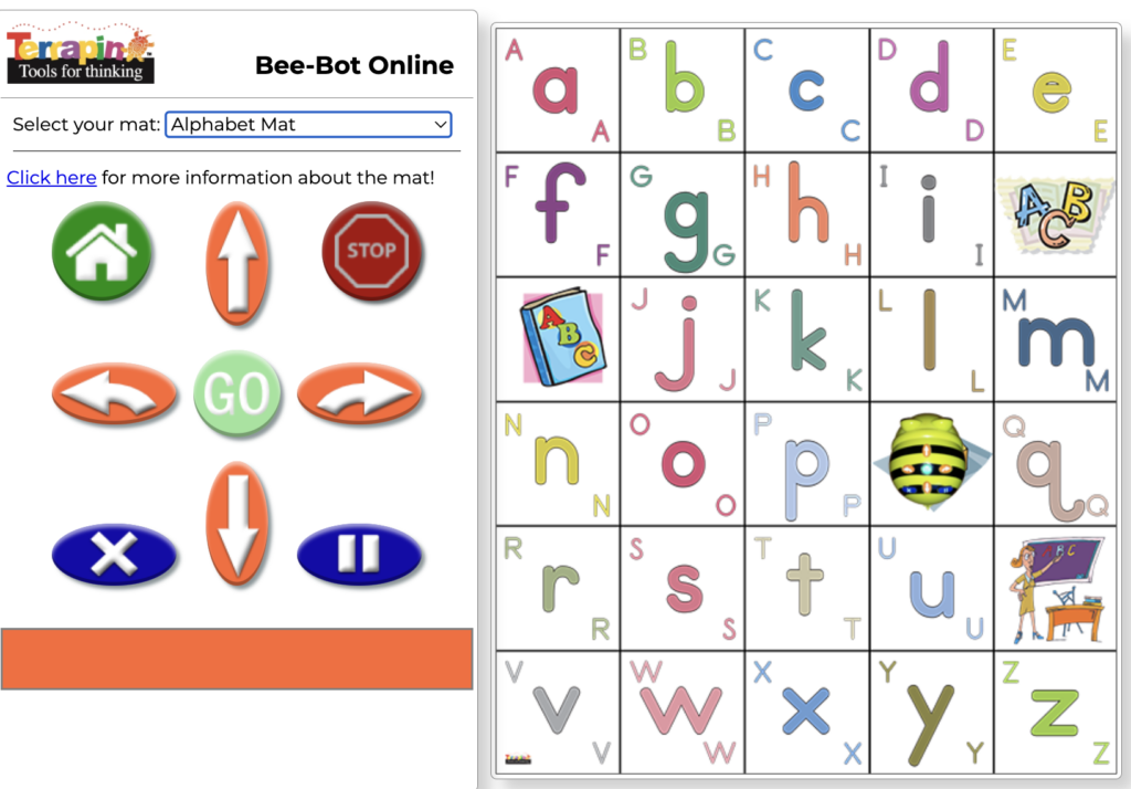 the online bee-bot emulator with the directional programming buttons and bee-bot card mat