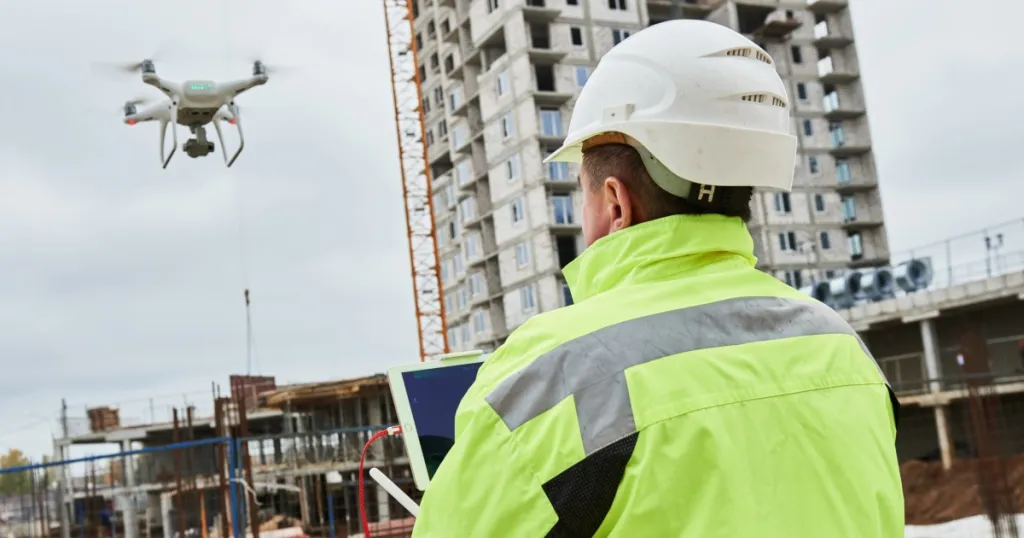 a construction worker using a drone at work