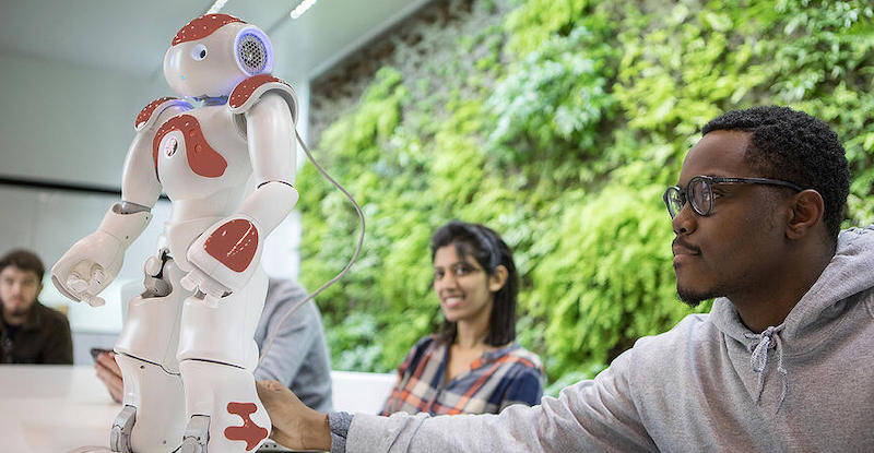 students in higher education coding and learning with the NAO Robot AI Edition