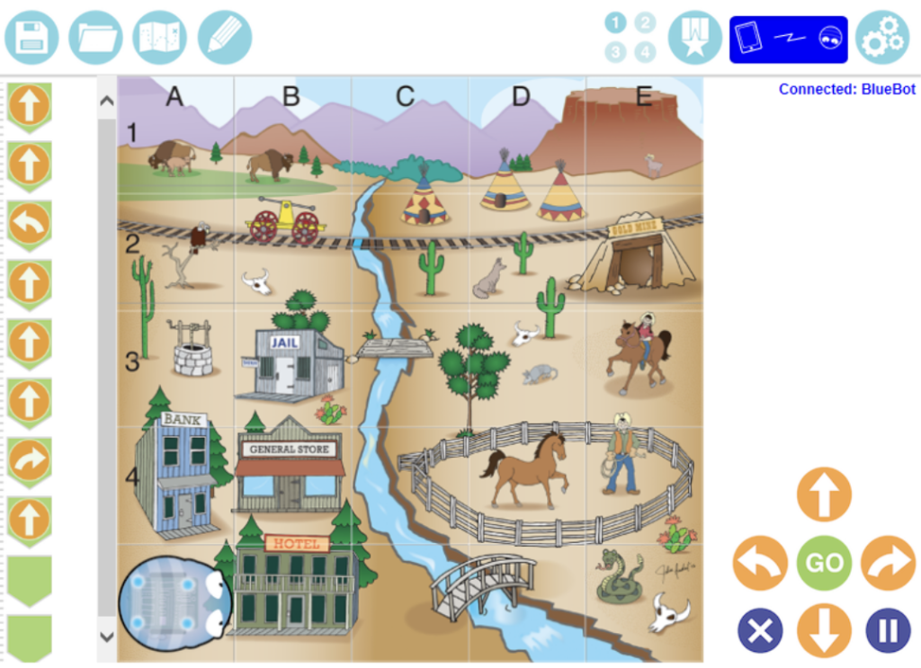 the programming environment with an old west blue-bot map in the blue-bot coding app