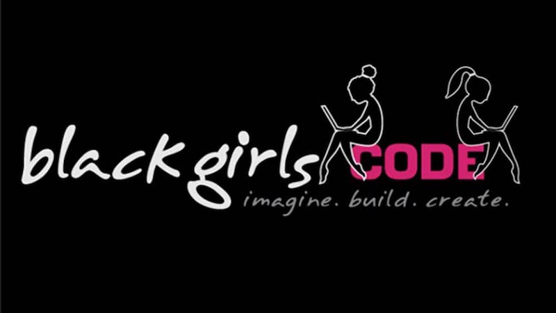 the Black Girls Code logo with two young girls programming on a computer
