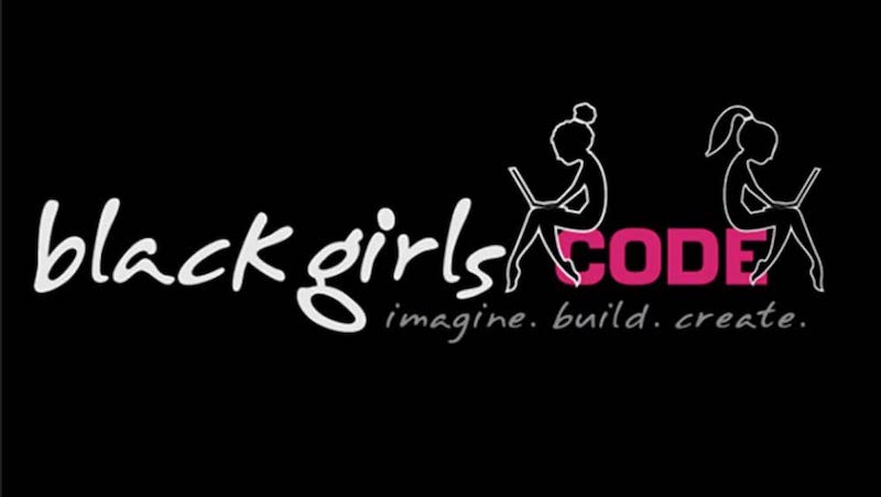 the Black Girls Code logo with two young girls programming on a computer