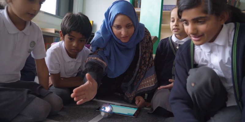 Students doing a project with Sphero coding robots